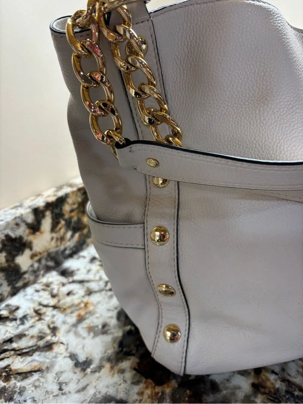 Michael Kors White Pebbled Leather Shoulder Tote with Gold Chain Detail